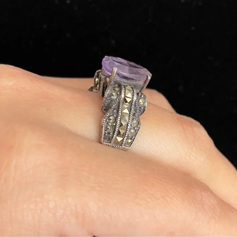 Judith Jack 925 Sterling Silver Amethyst & Marcasite Art Deco Size 6.5 Ring